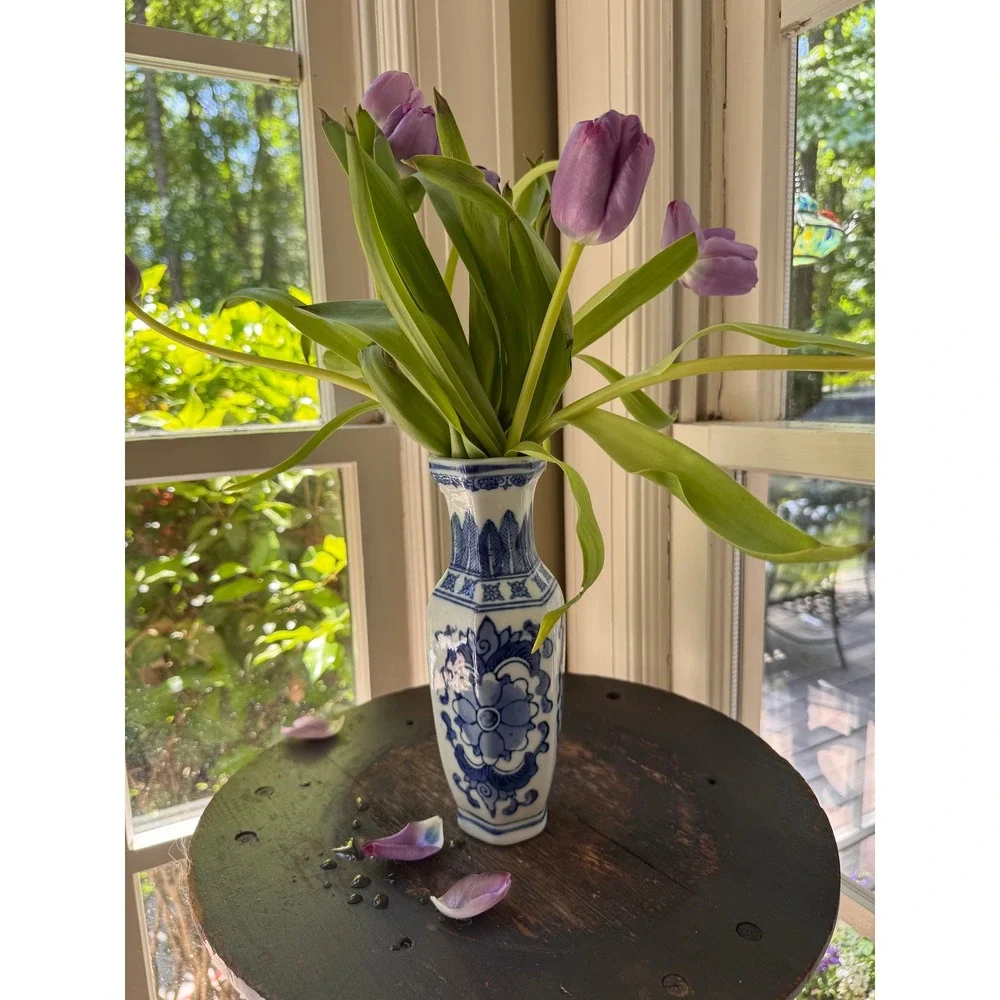 Vintage Blue and White Porcelain Hexagonal Bud Vase Floral Chinoiserie 8.25